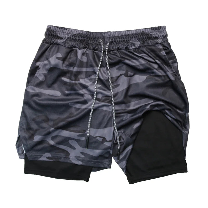 Bermuda Masculina de Fitness de Dupla Camada, 2 em 1, para Academia e Treino, Esportiva, Secagem Rápida, Ideal para Corrida e Exercícios, Modelo Duplo para Verão