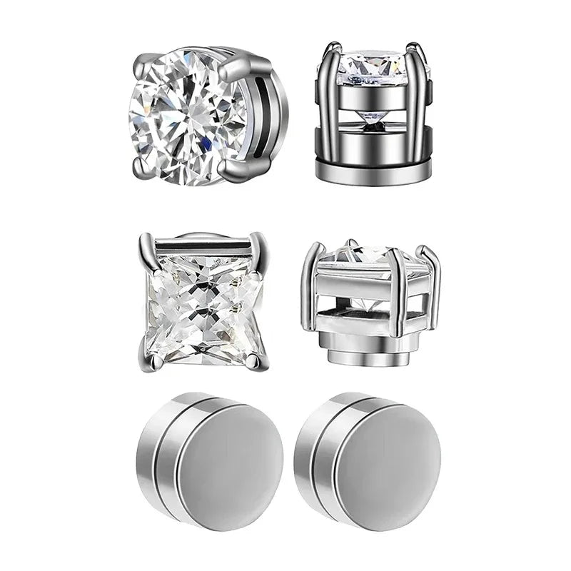 Conjunto com 6 Brincos de Clipe Magnéticos Fortes para Homens e Mulheres, Estilo Punk, Redondos com Zircônia, Sem Furo