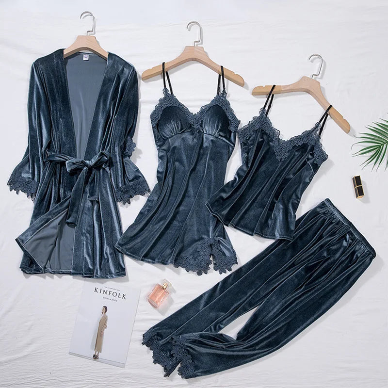 Conjunto de Pijama Feminino TOP Casual em Veludo, 4 Peças, Roupas de Casa, Lingerie Íntima, Manga Longa com Renda, Homewear Confortável