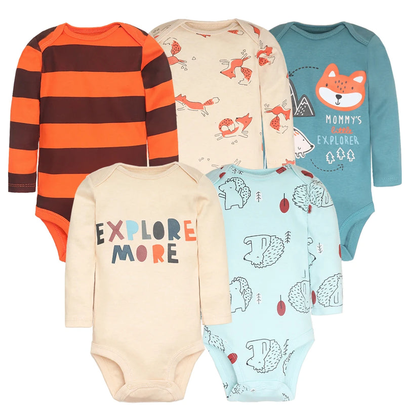 Conjunto com 5 Bodies de Bebê Menino, Roupas para Recém-Nascido, Também para Bebê Menina, 100% Algodão, Macios, com Estampas Novas de Desenhos Animados, Macacões Infantis